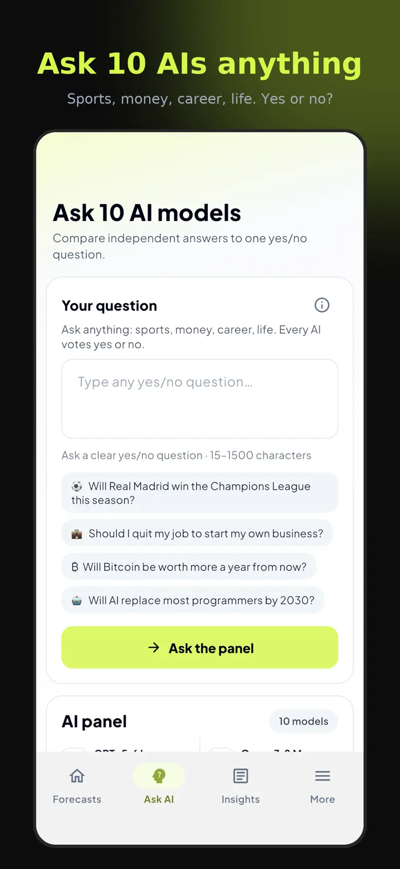 Ask 10 AIs your own question — TuringStats app screenshot