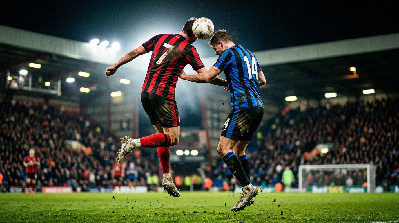 Two footballers competing for a header under floodlights