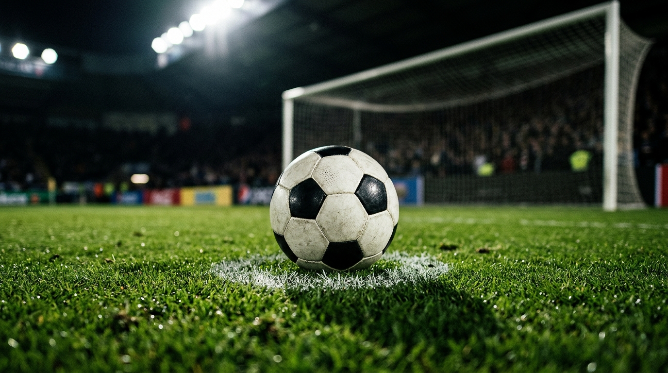 Football on the penalty spot under stadium floodlights