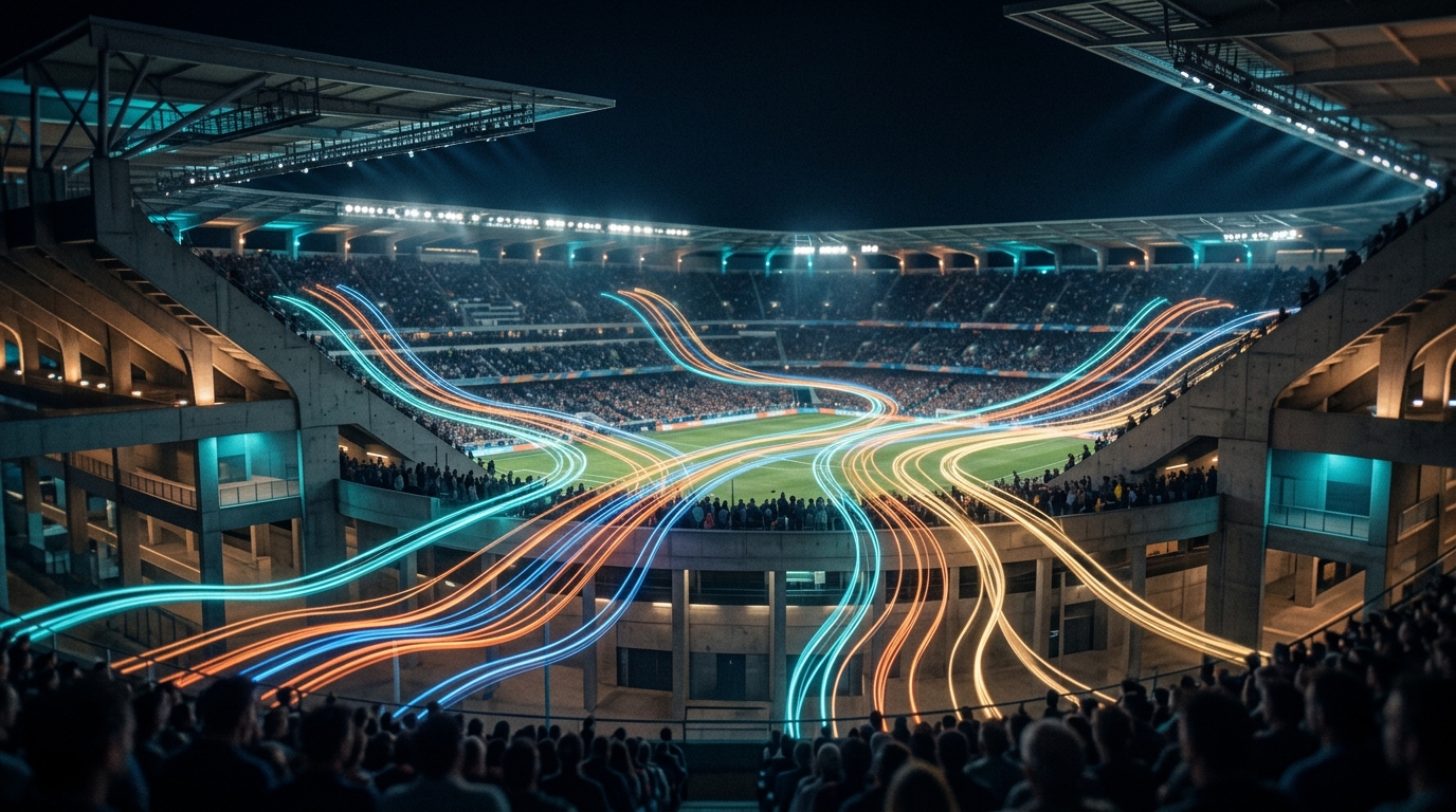 Abstract illustration of ten data threads weaving through a night-time stadium, representing competing AI prediction models.