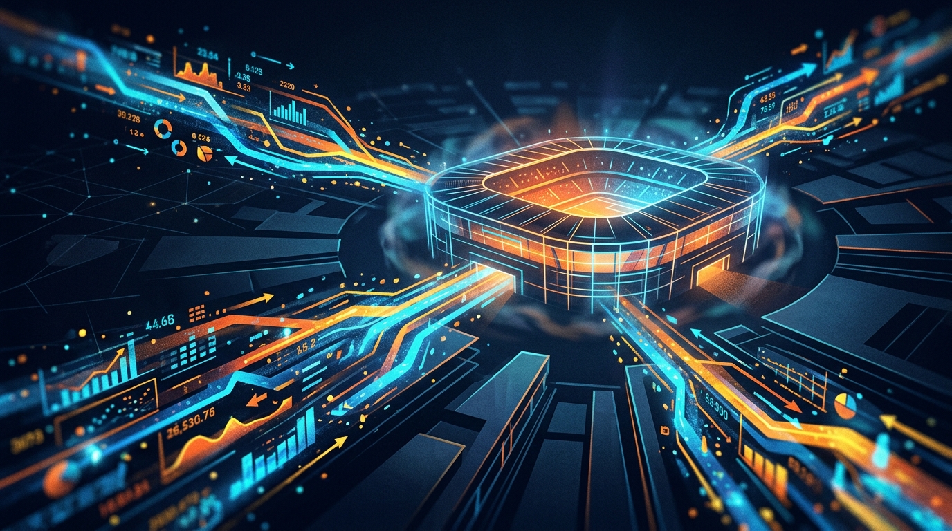 Abstract illustration of data streams converging on a stadium at night, representing AI football predictions.