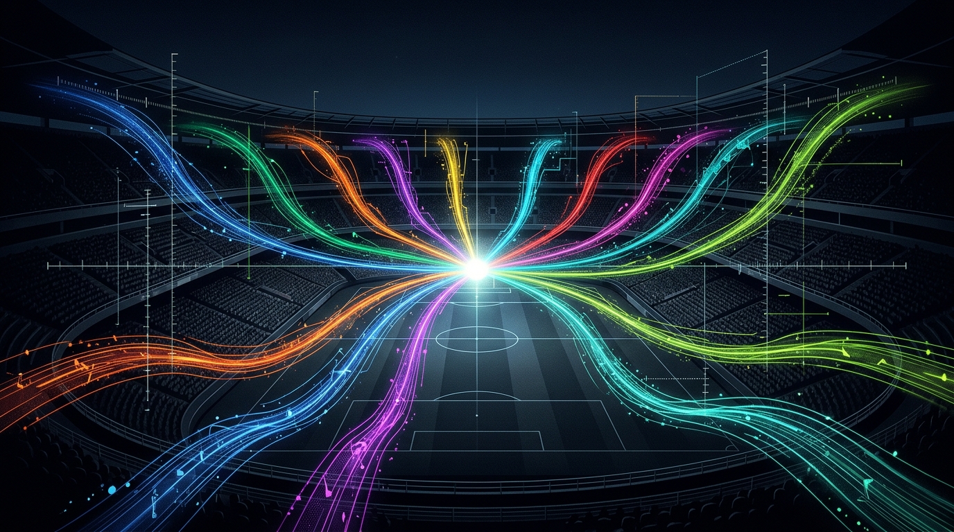 Abstract illustration of multiple coloured data streams converging over a night stadium