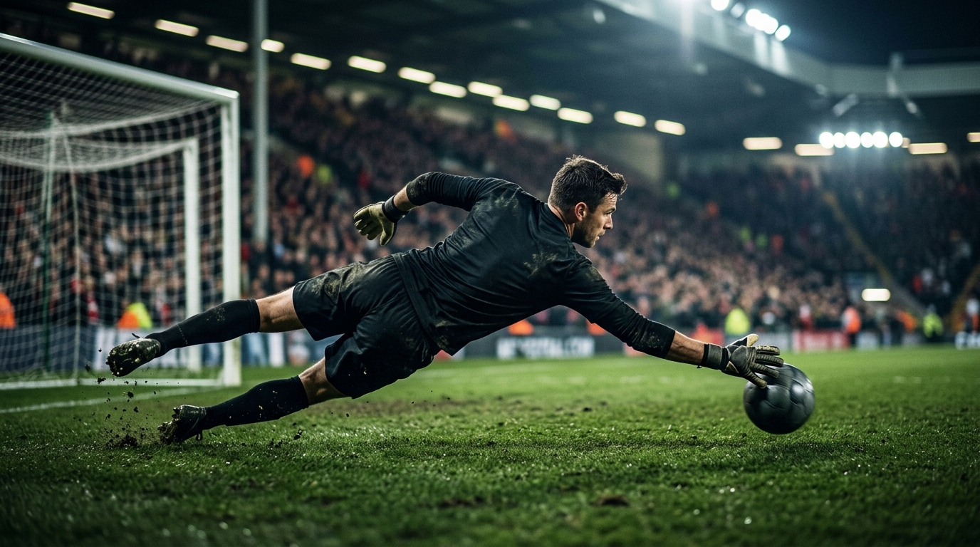 Goalkeeper diving to save a low shot under stadium floodlights