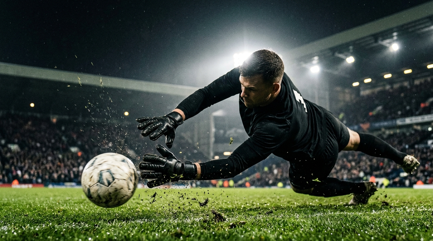 Goalkeeper diving to save a low shot under floodlights.