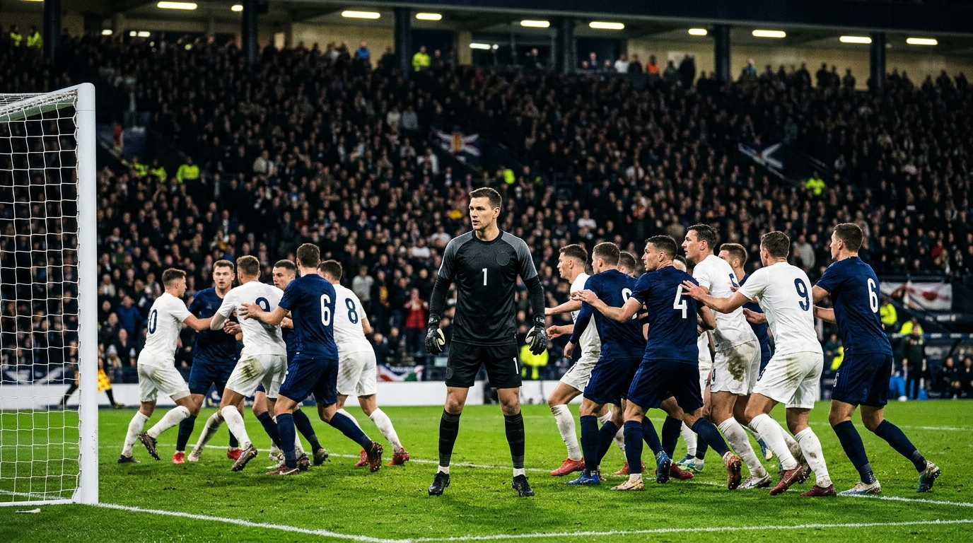 Goalkeeper and defenders prepare for a corner under floodlights