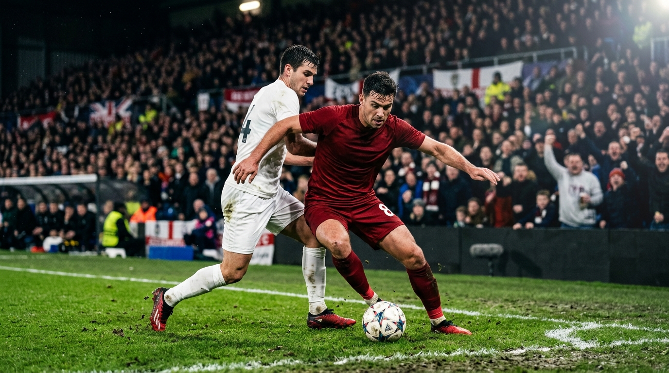 Two players contesting possession in the penalty area during a floodlit evening match