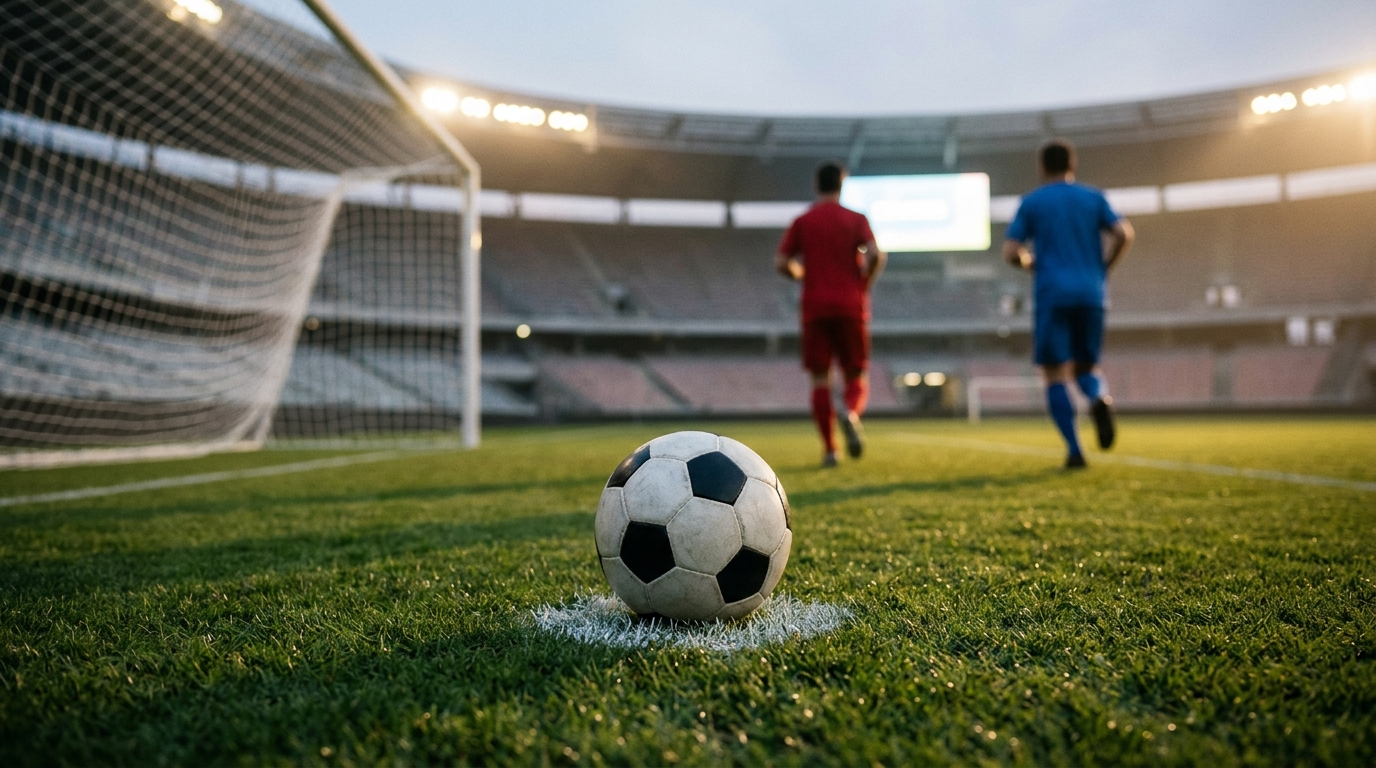 Football on the penalty spot in a stadium with out-of-focus players in generic kits