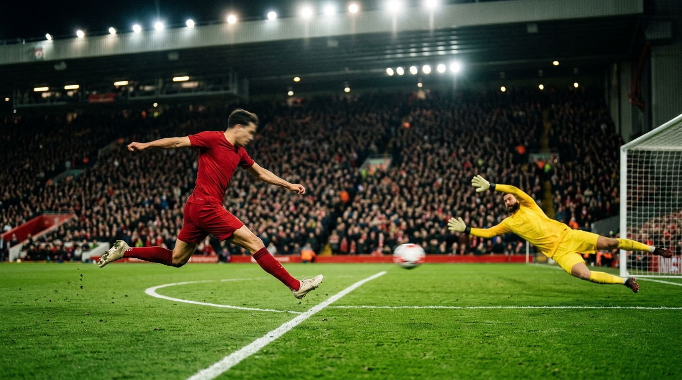 Footballer in a red kit shooting toward goal during a floodlit match