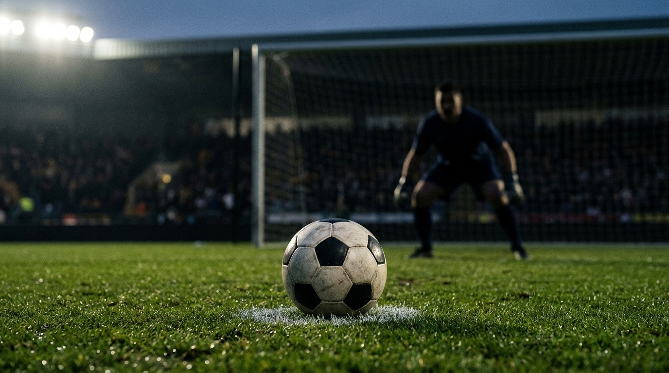 Football on the penalty spot under floodlights with a goalkeeper crouched behind