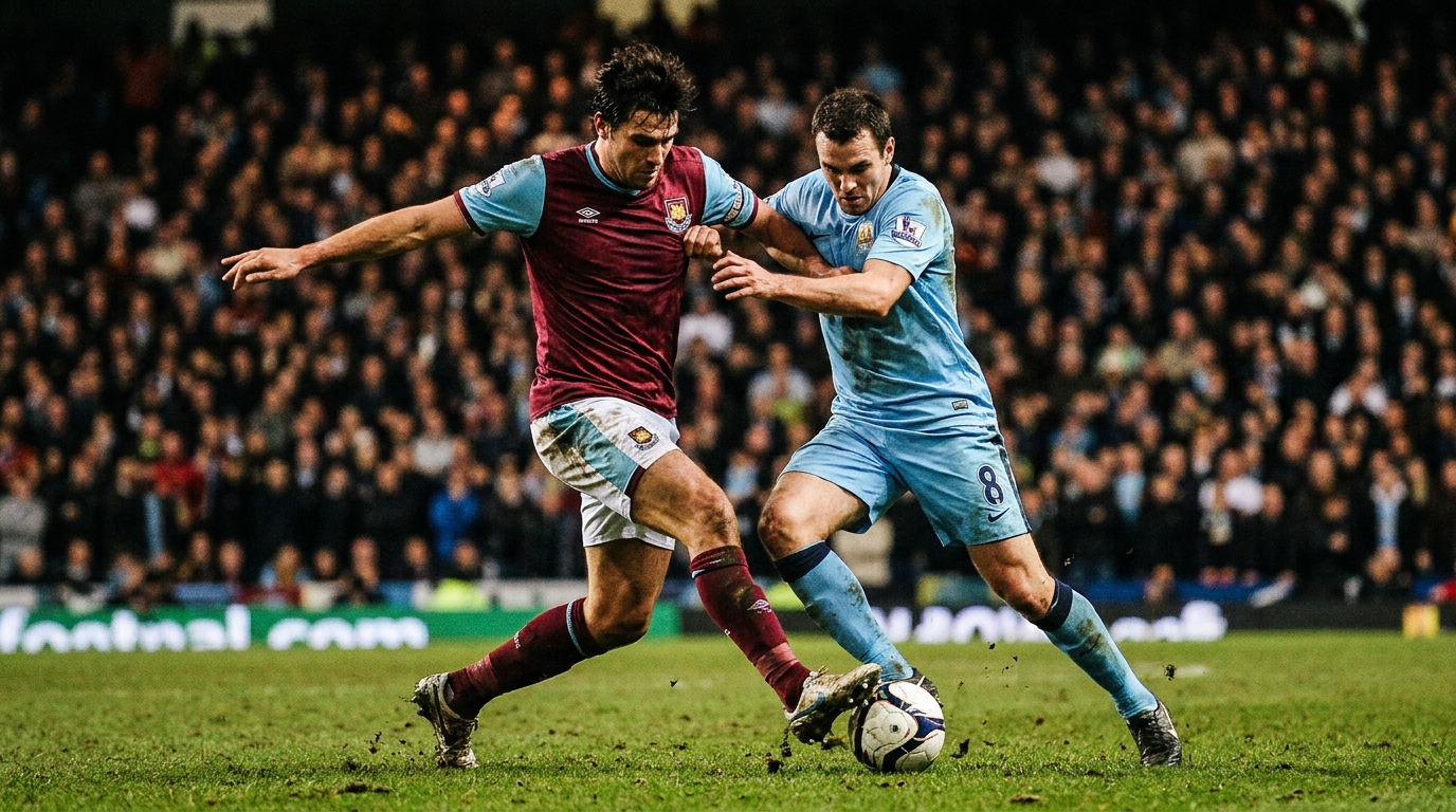 Two footballers in claret and blue and sky blue contesting the ball in midfield under floodlights