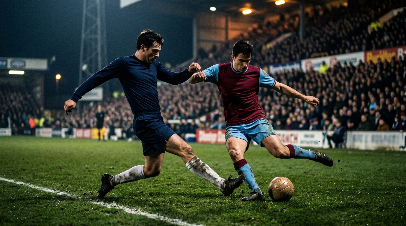 Two footballers competing for the ball during a floodlit European night match