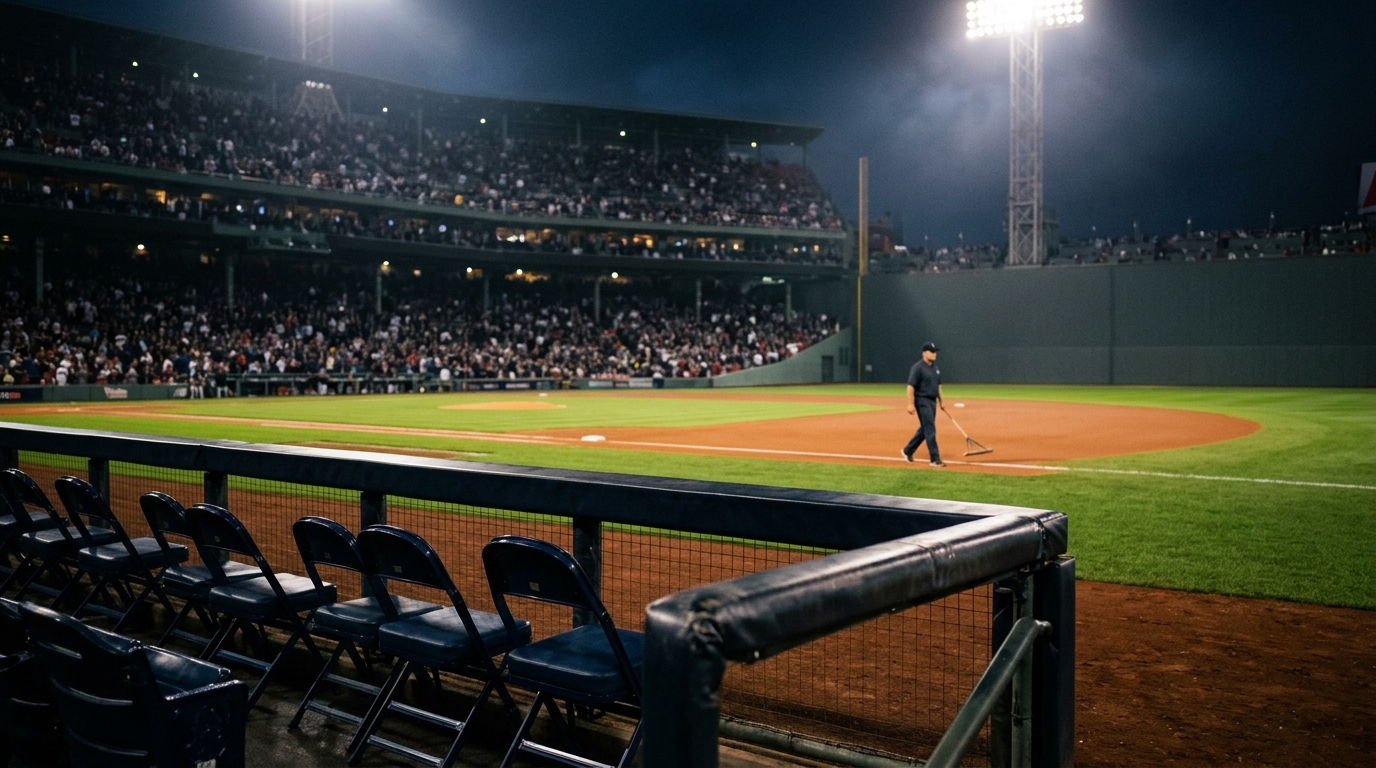 Outfield and dugout edge of a major-league ballpark under stadium lights before a postseason night game