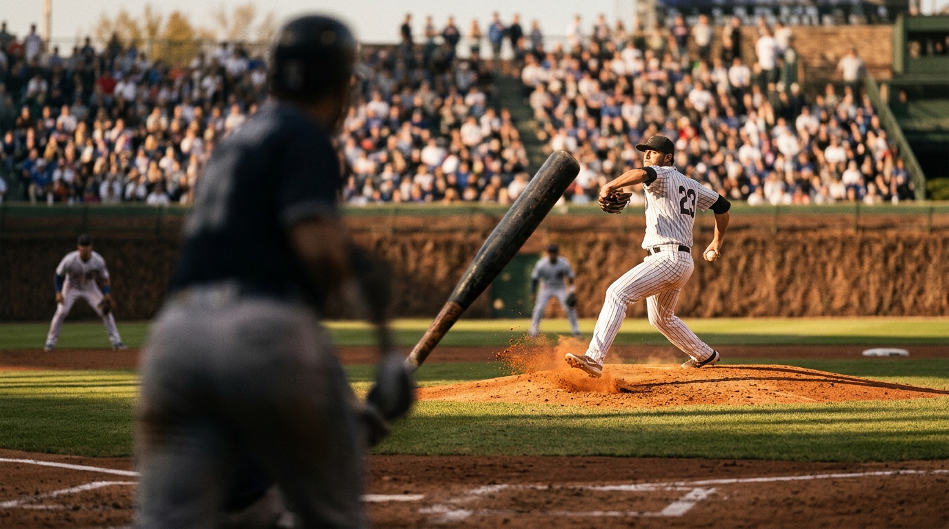 Baseball pitcher mid-windup seen from behind the batter during a postseason game