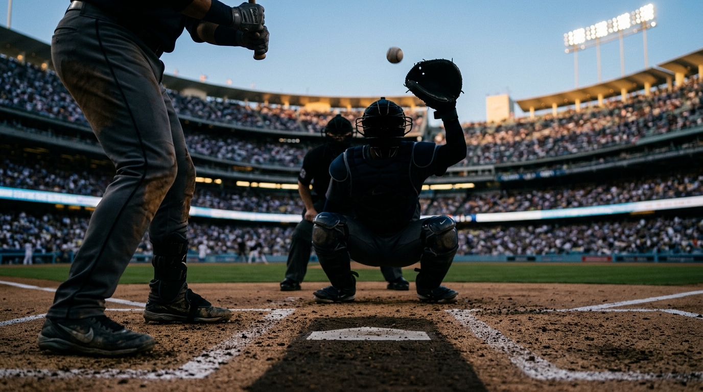 Low-angle editorial photograph of a catcher receiving a pitch during a tense late-season baseball game