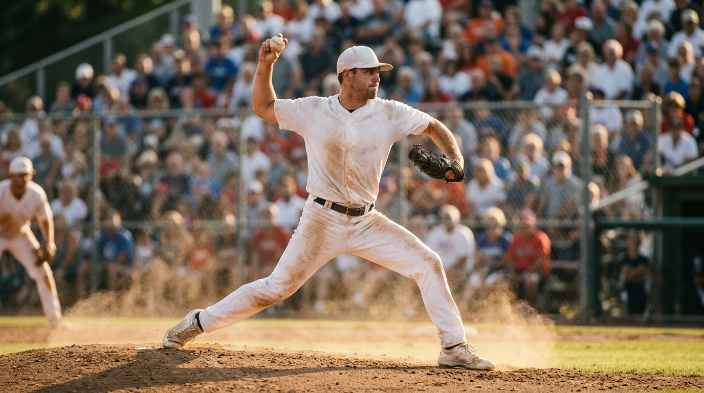 Generic pitcher mid-windup on the mound with an anonymous crowd blurred behind the backstop in late-afternoon light.