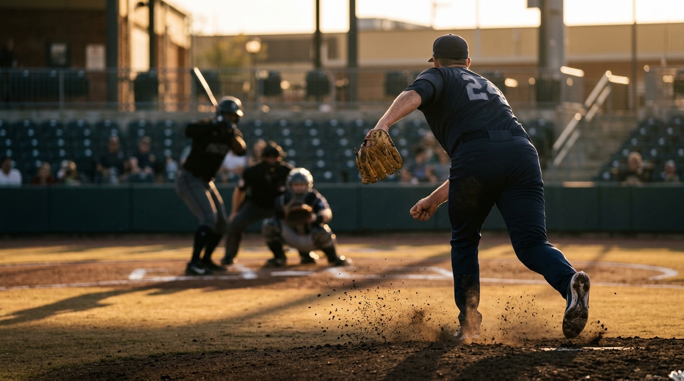 Blurred view from behind the mound as a pitch is delivered toward a silhouetted batter in golden late-afternoon light