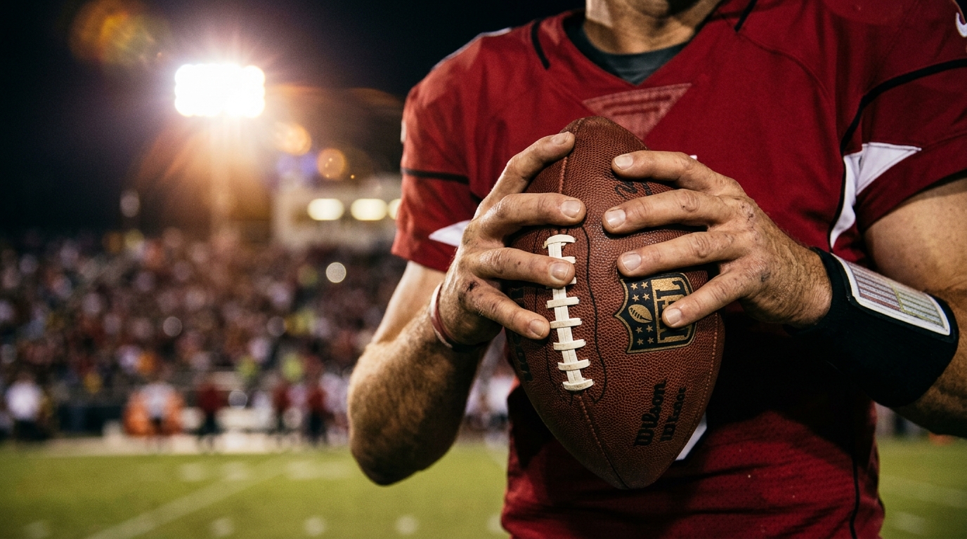 Close-up of a quarterback's hands holding a football, generic red jersey, stadium lights in background.