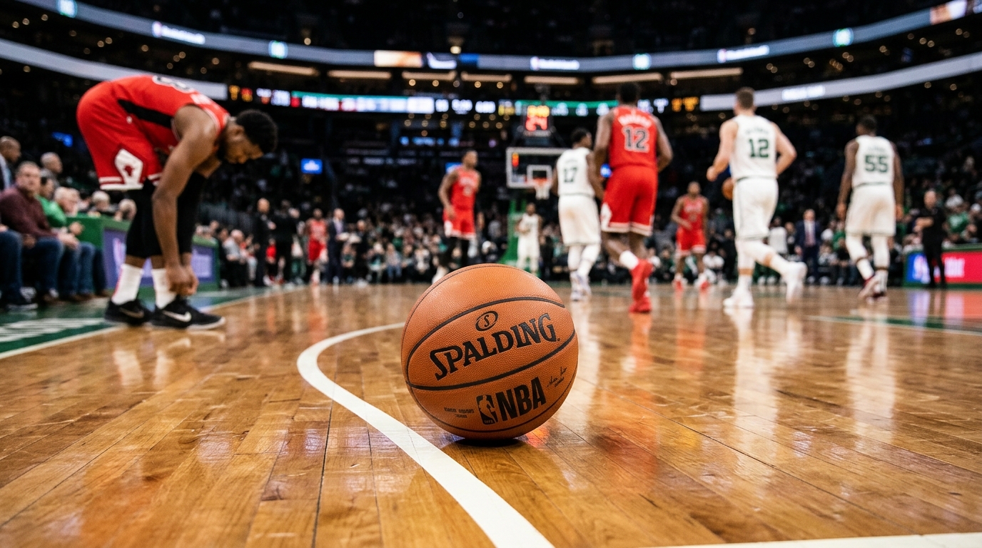 Basketball on the hardwood near the three-point line with blurred players in the background