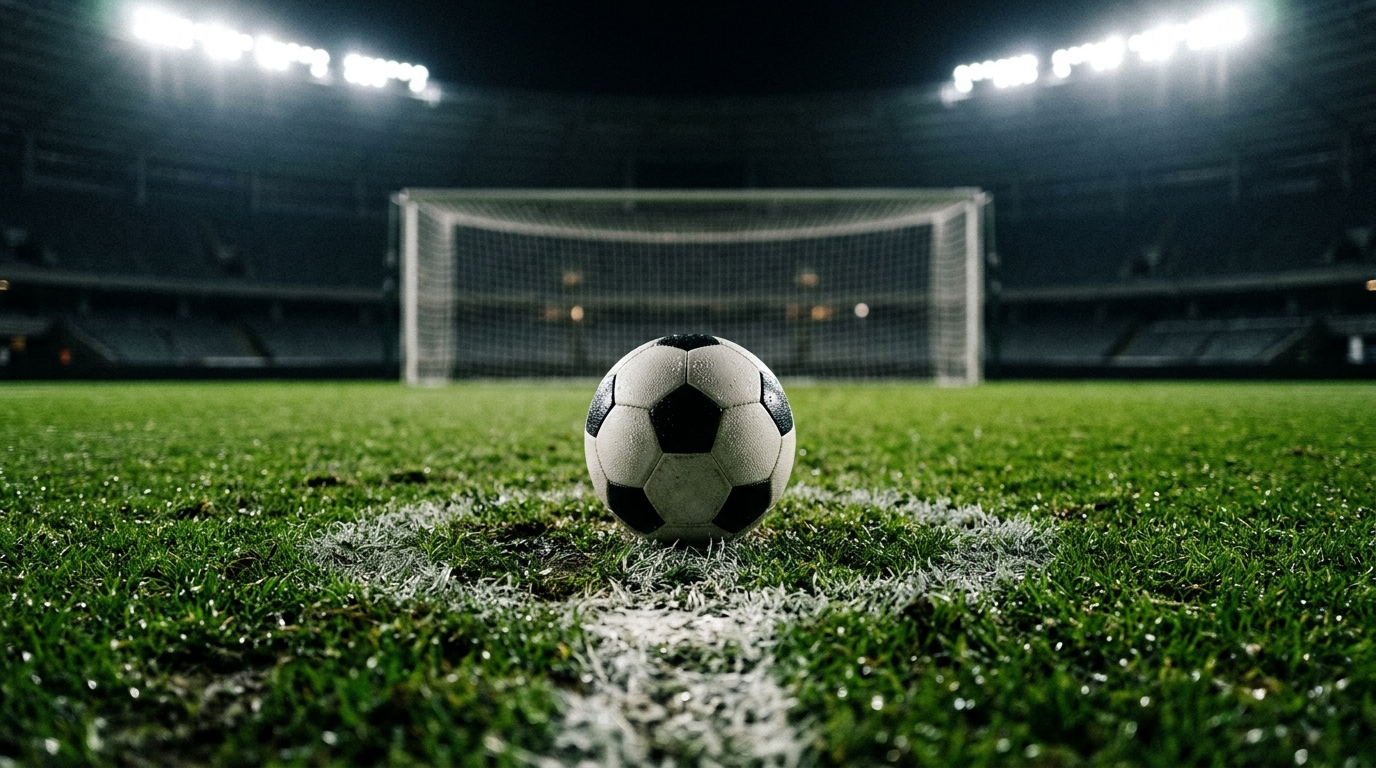Football on the penalty spot under floodlights with the goal net blurred behind