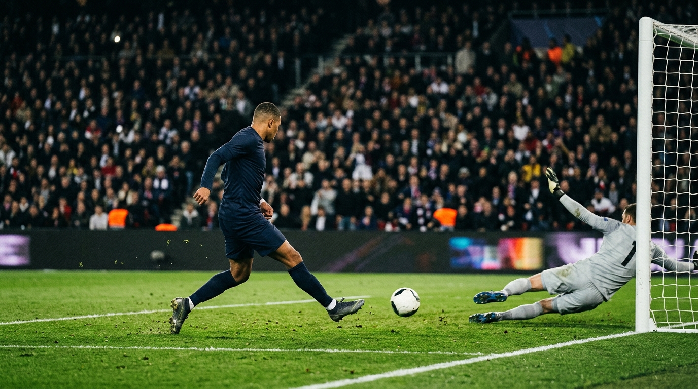 Player in a plain dark kit shooting at goal under floodlights during a night match