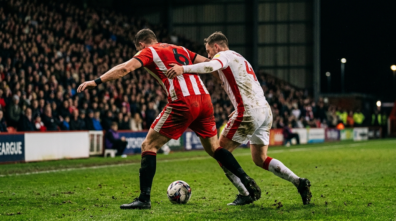 Two footballers in generic kits contesting possession under floodlights during a European night match