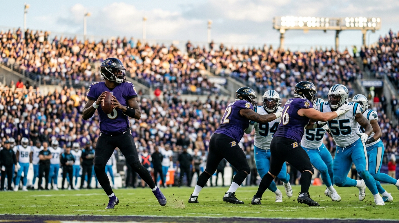 NFL quarterback in purple and black dropping back to pass under pressure from defenders