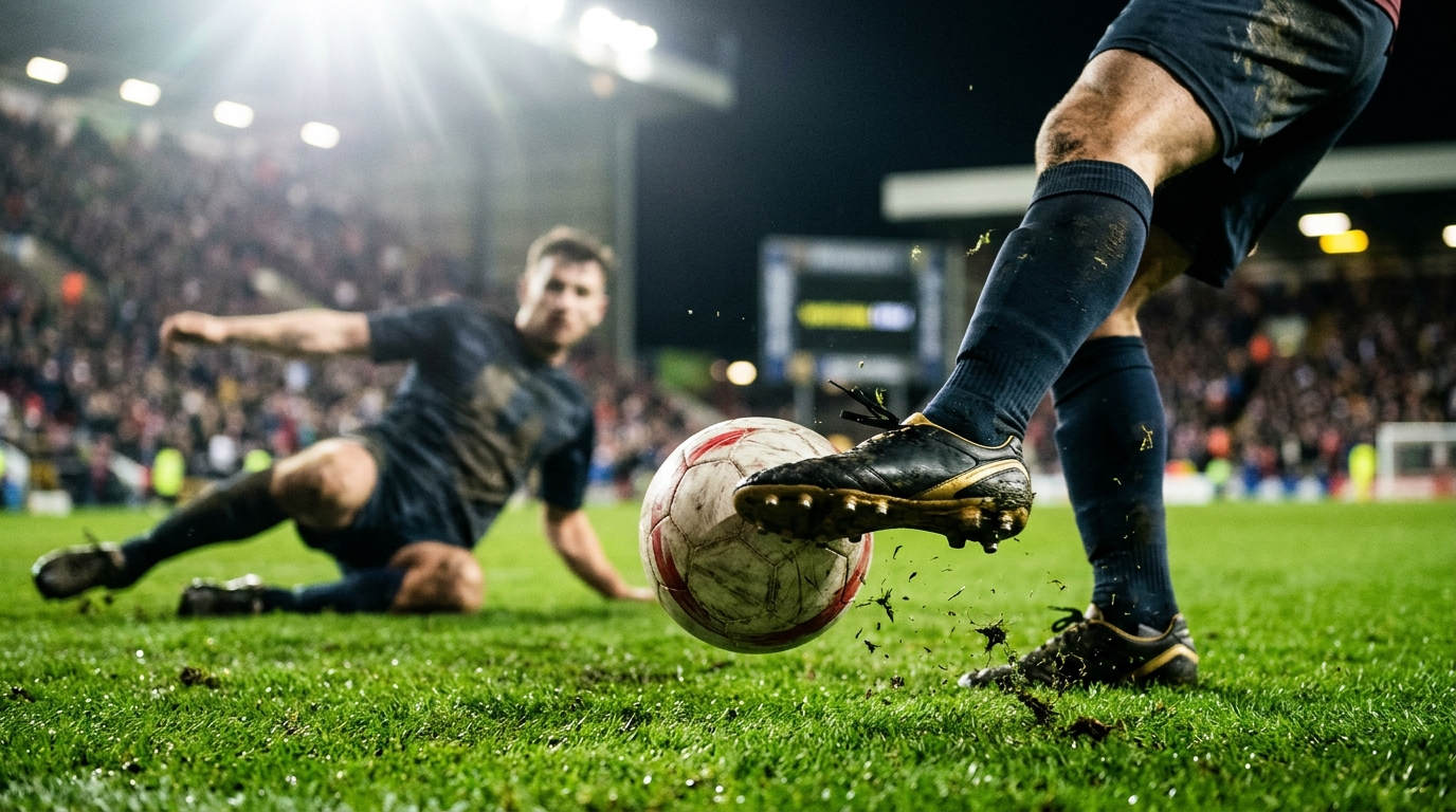 Football boot striking ball with defender sliding in background