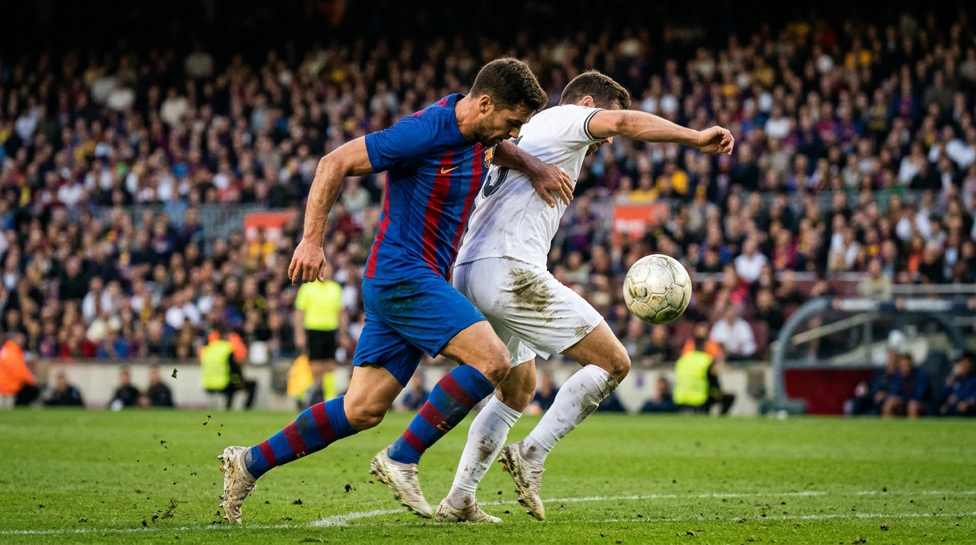 Two football players battling for possession in a crowded stadium