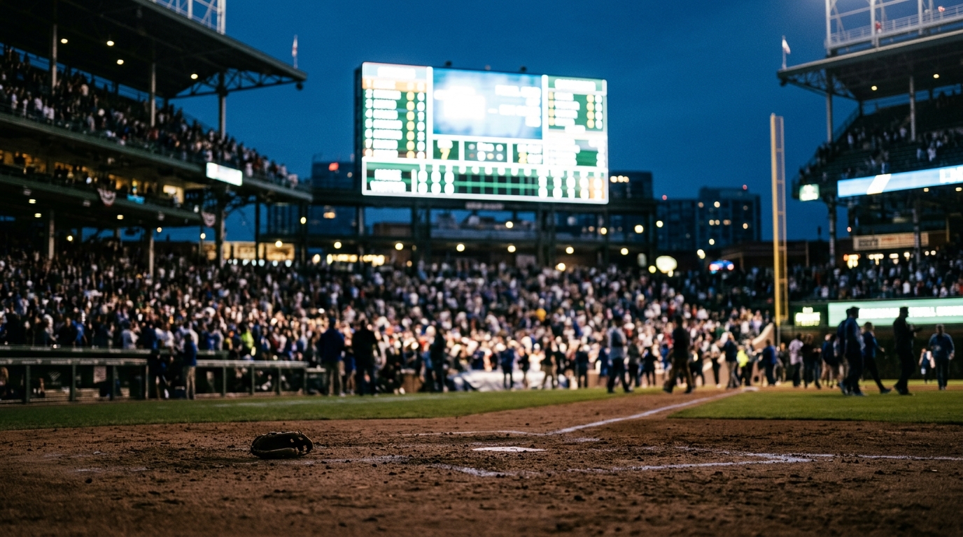 Baseball stadium scoreboard glowing after a game with blurred crowd in the stands