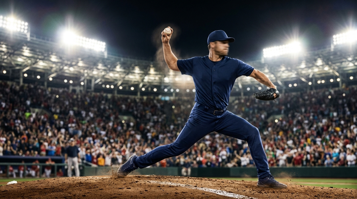 Baseball pitcher on the mound under stadium lights.