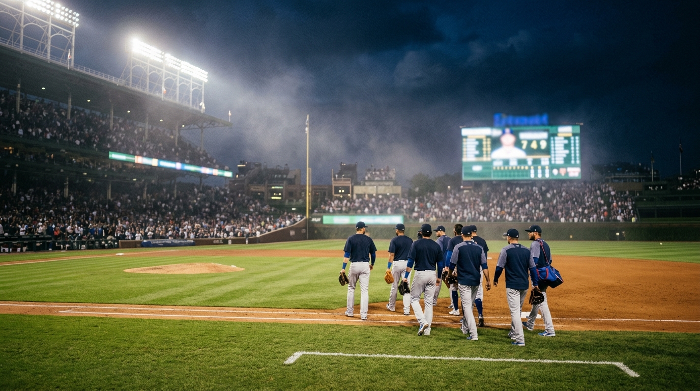 Baseball players walking off the field under stadium lights after a night game