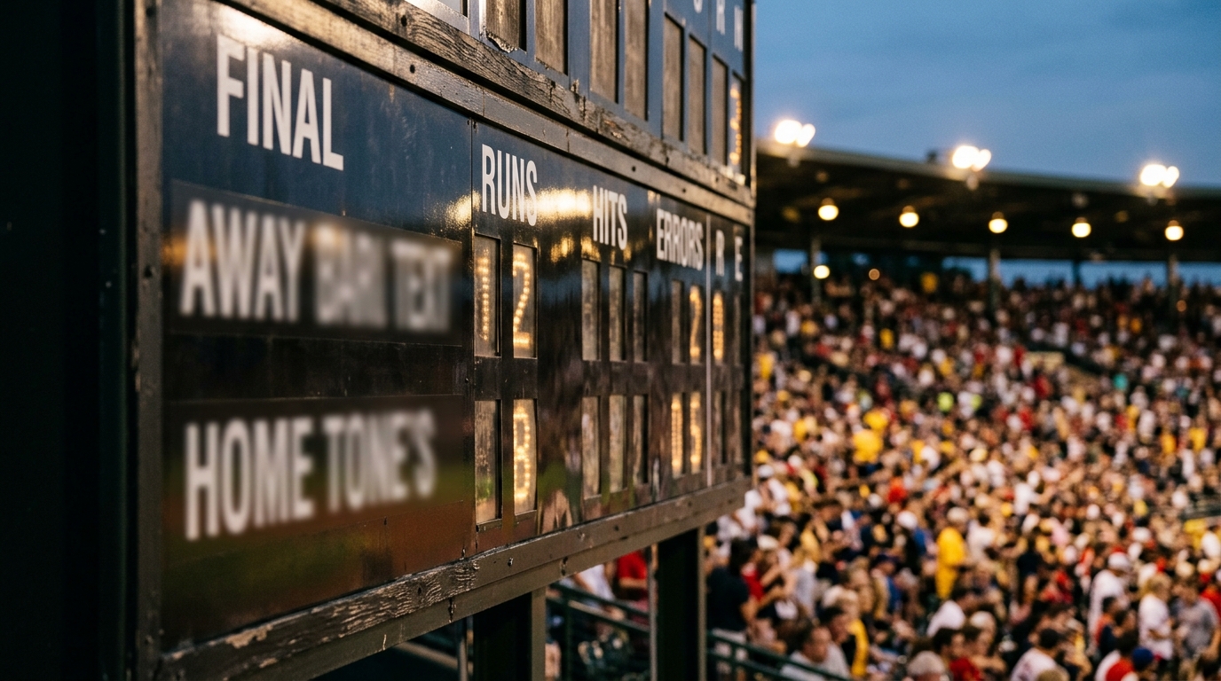 Baseball scoreboard glowing under stadium lights after a game.