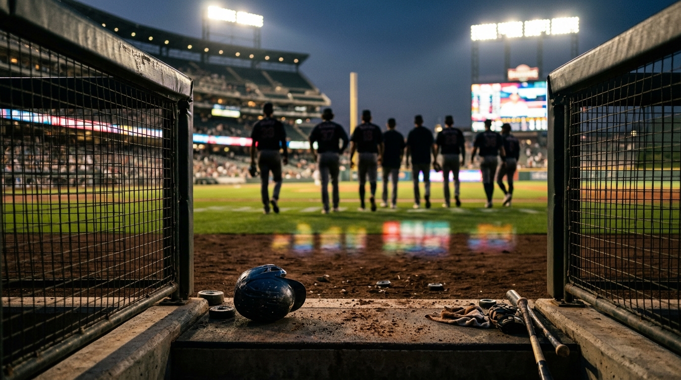 Silhouetted players walking off the field past a dugout after the final out