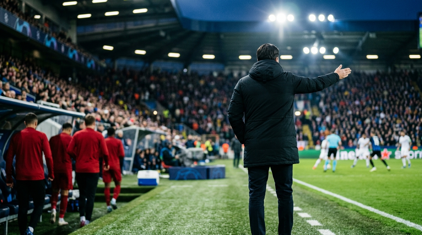 Coach in the technical area gesturing during a floodlit night match
