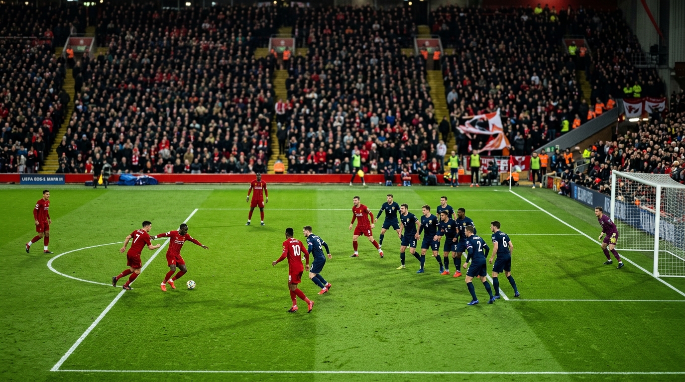 Football match action with a team in red pressing and the opposition defending deep
