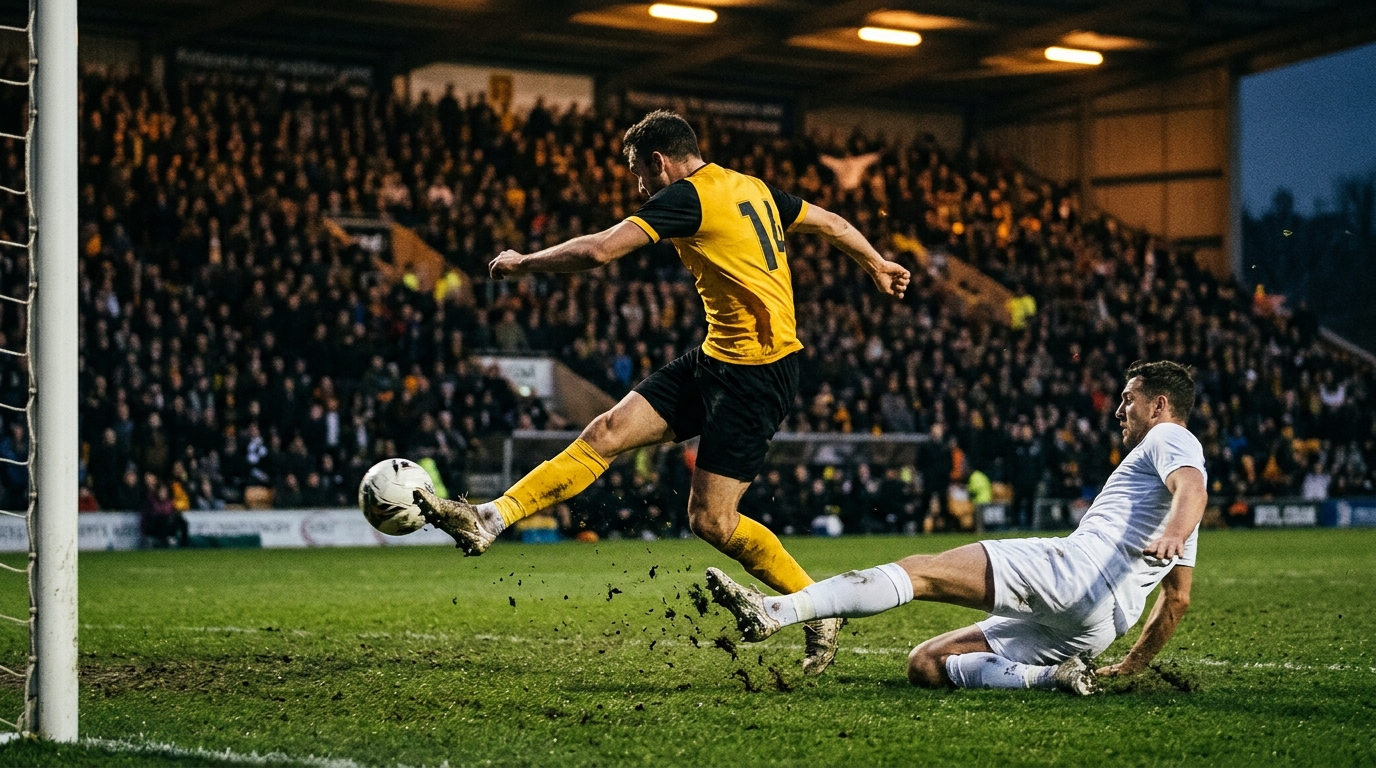 Attacker in yellow and black shooting at goal as a defender in white slides to block