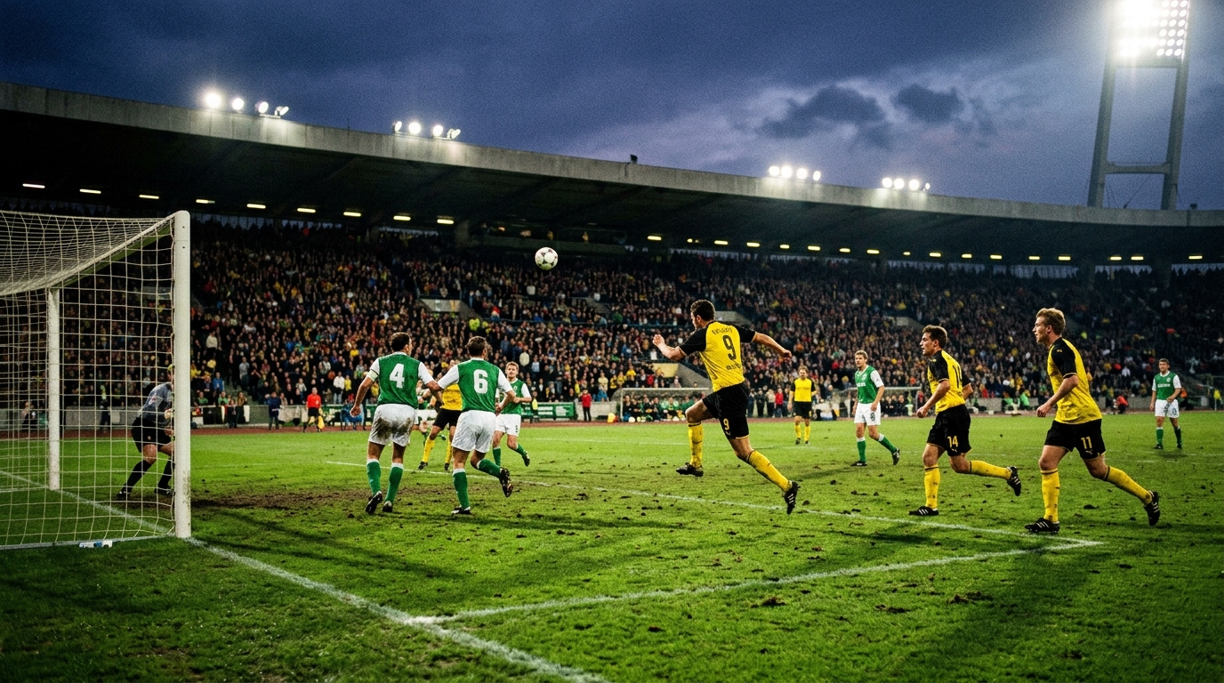 Bundesliga match action with yellow and black team attacking