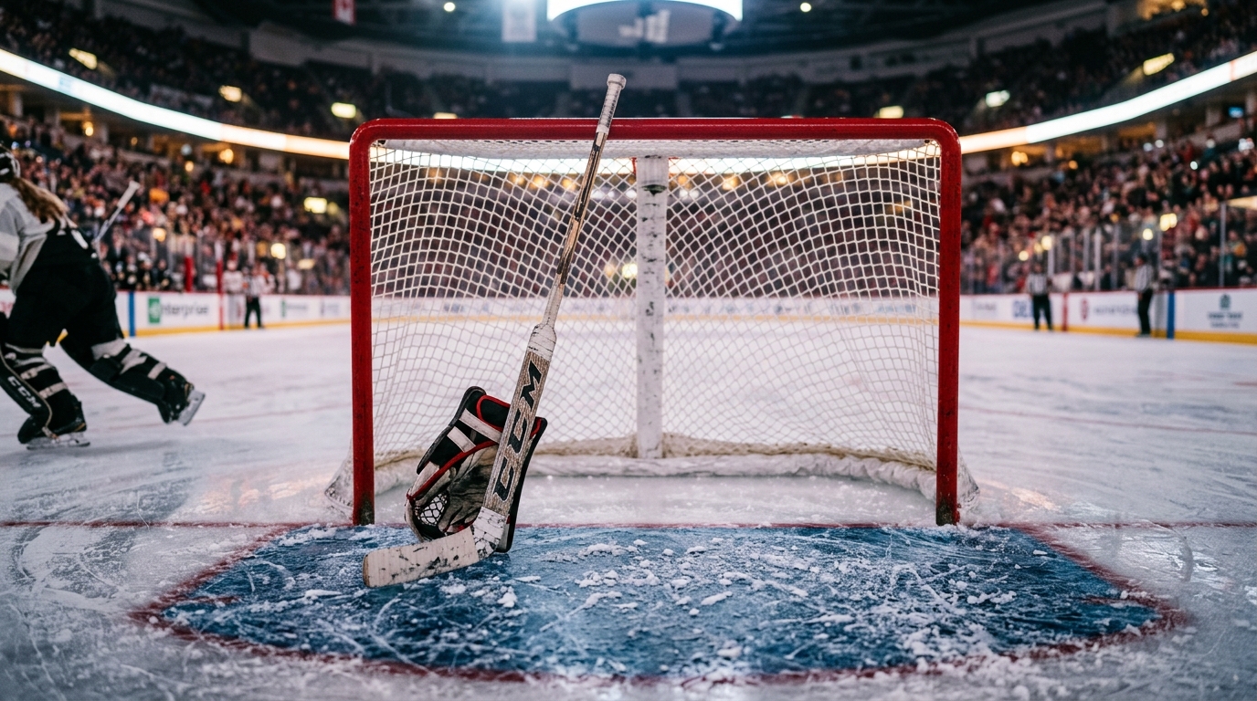 Hockey net and crease under arena lighting before an NHL game