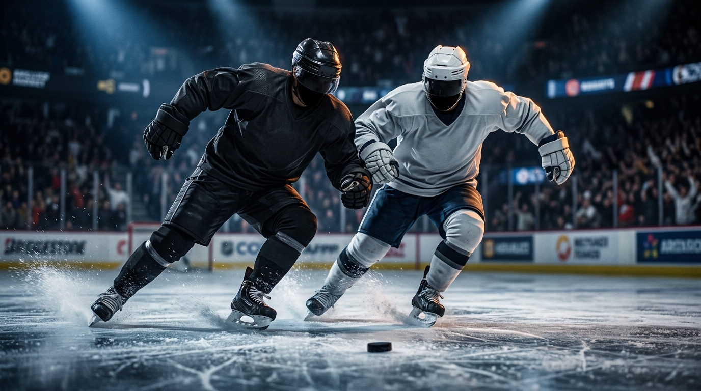 Two anonymous hockey players in unmarked jerseys racing for a loose puck during a fast-paced game