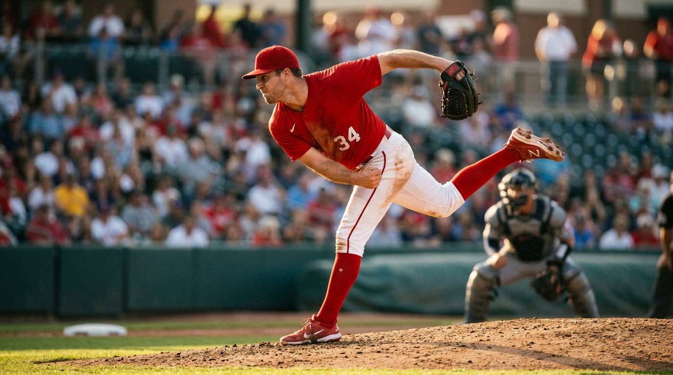 Pitcher in red uniform mid-windup on the mound during a late-afternoon game