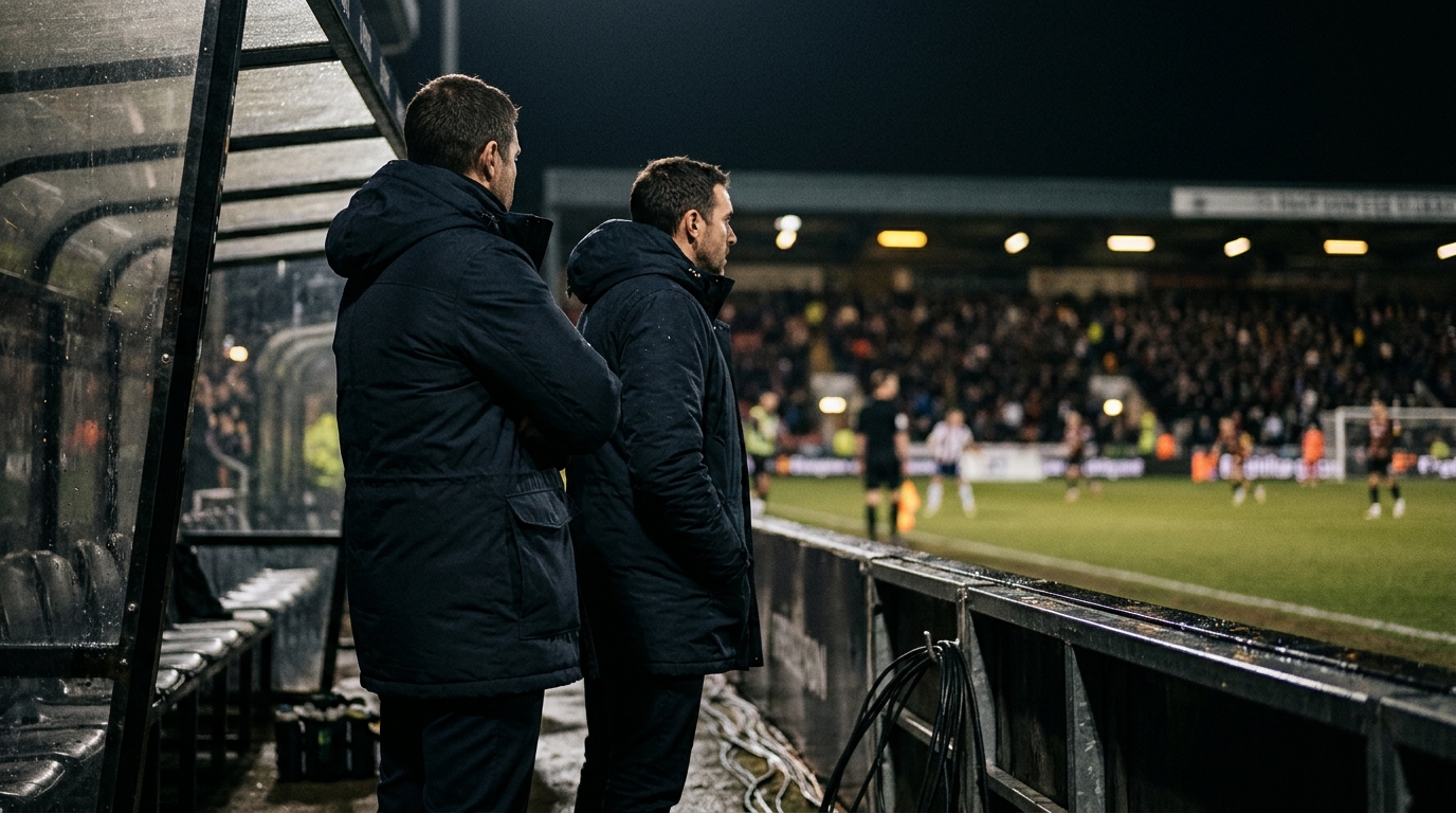 Two coaches observing a night match from the dugout