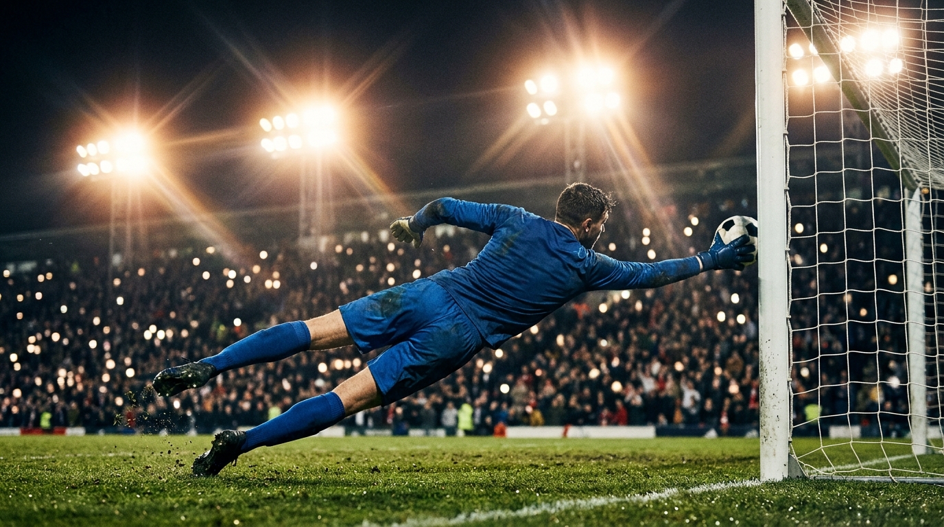 Generic goalkeeper in blue diving to save a ball under floodlights