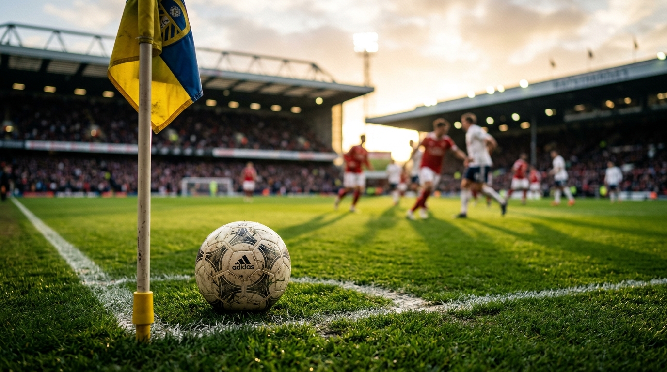 Football on the grass near the corner flag with players blurred in the background