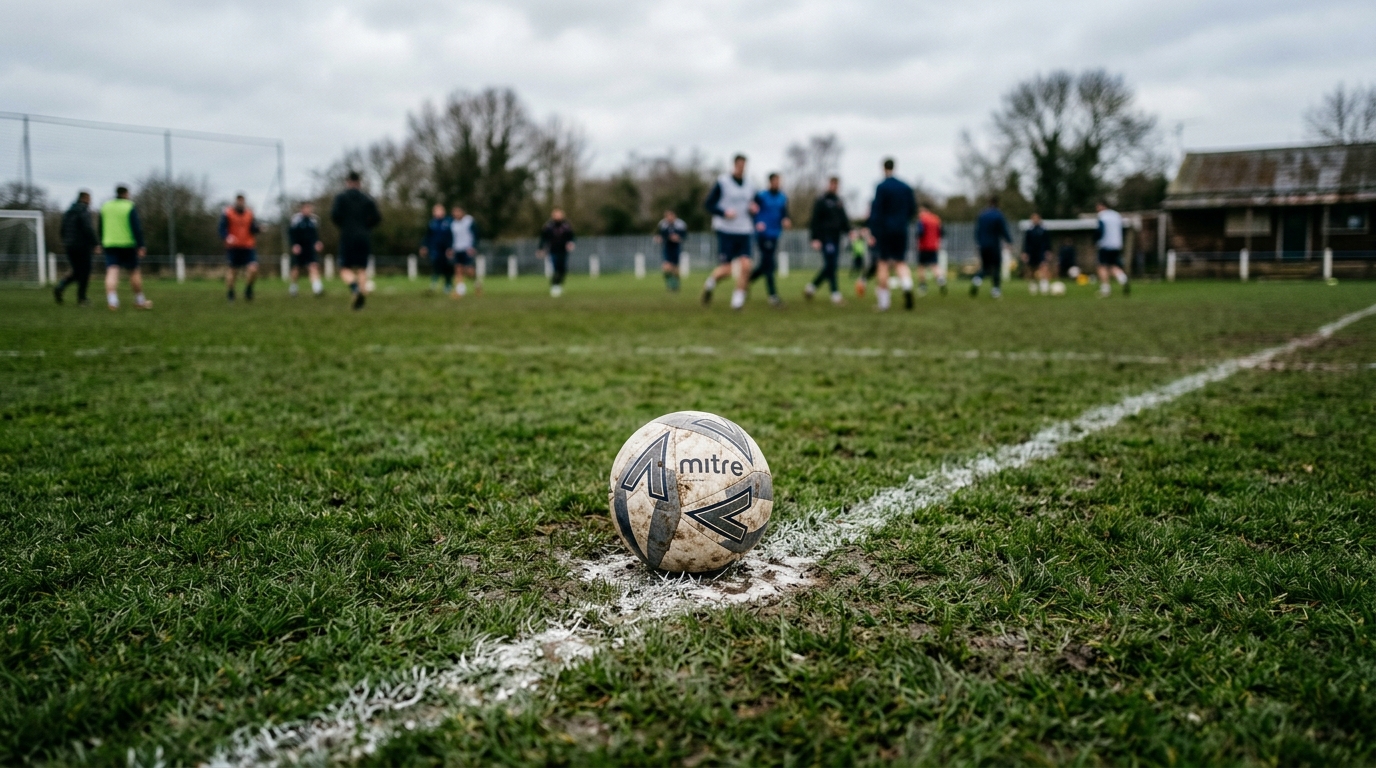 Football on the penalty spot of a non-league pitch before kick-off