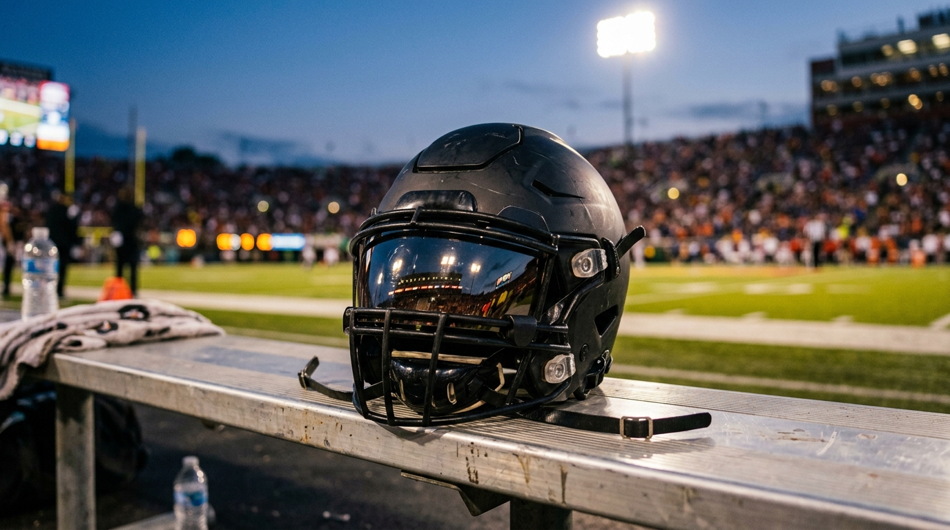 Generic football helmet on a sideline bench under stadium floodlights, blurred crowd behind.