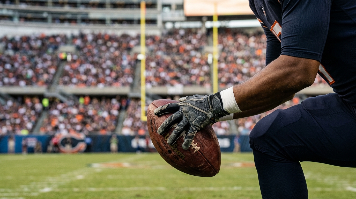 Close-up of an NFL football held by a quarterback before the snap