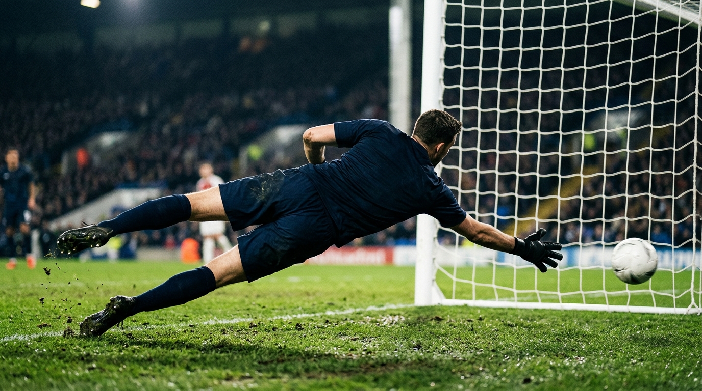 Goalkeeper diving to save a low shot under stadium floodlights