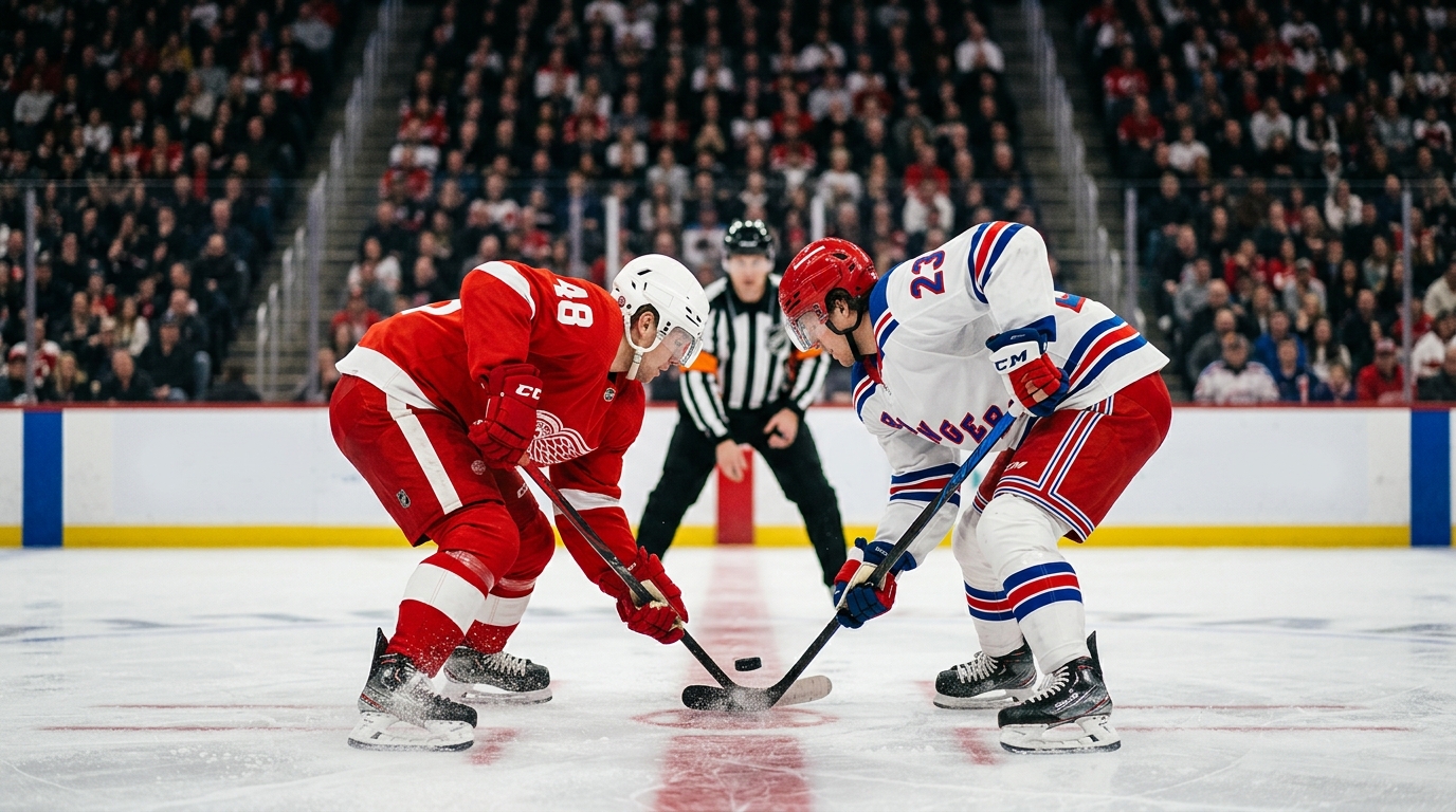 Faceoff at center ice during a Carolina Hurricanes vs Washington Capitals NHL game