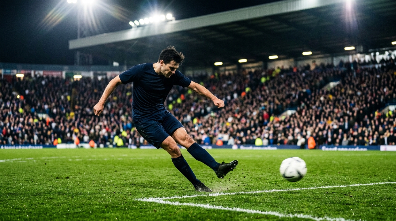 Generic footballer in a plain dark kit shooting at goal under stadium floodlights