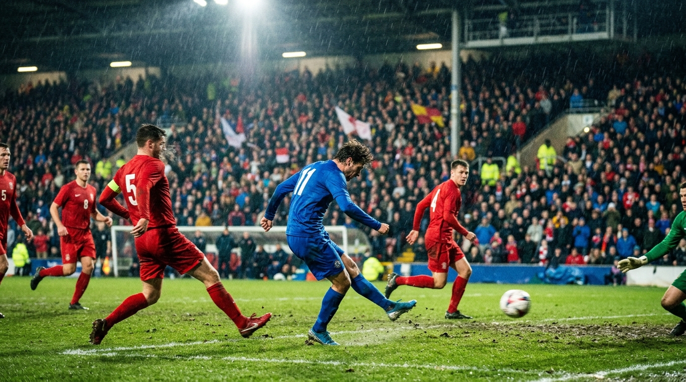 Generic footballer in blue shooting towards goal during a floodlit Premier League match